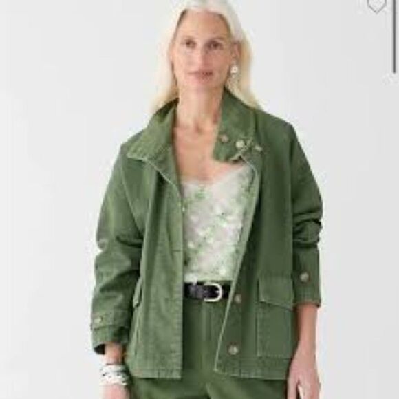 J Crew Funnelneck Field Jacket in Heavyweight Twill Utility Green MED NWT - Picture 2 of 10